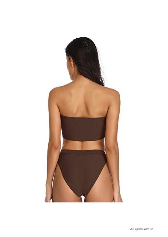 Dixperfect Women's Bandeau High Waisted Sexy High Cut Two Pieces Bikini Swimwear Bathing Suit