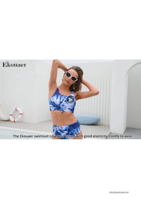 Ekouaer Swimsuit Women's Two Pieces Bikini Sets Swimwear Scoop Neck Knotted Front Tankini Set S-XXL
