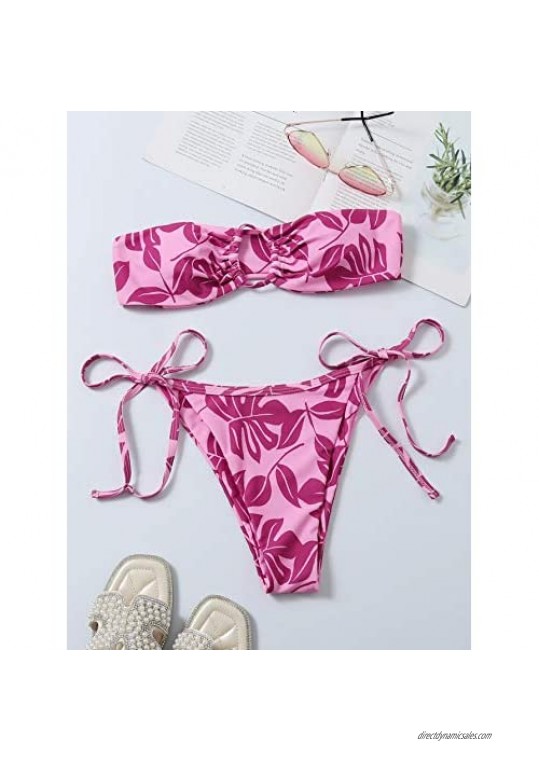 Floerns Women's All Over Print Tube Bandeau Bralette Tie Side Bikini Swimwear