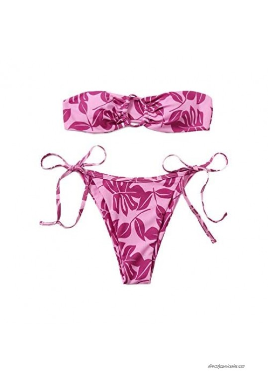 Floerns Women's All Over Print Tube Bandeau Bralette Tie Side Bikini Swimwear