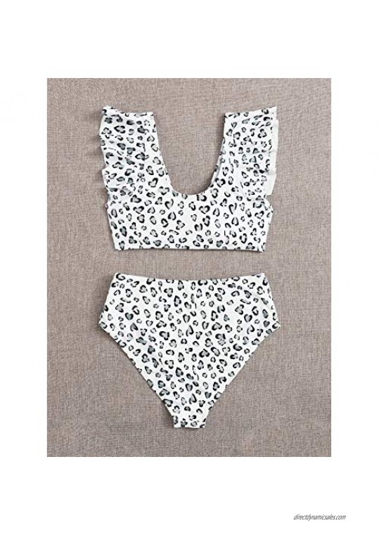 Floerns Women's Leopard Bathing Suit Ruffle High Waist Bikini 2 Piece V Neck Swimsuit