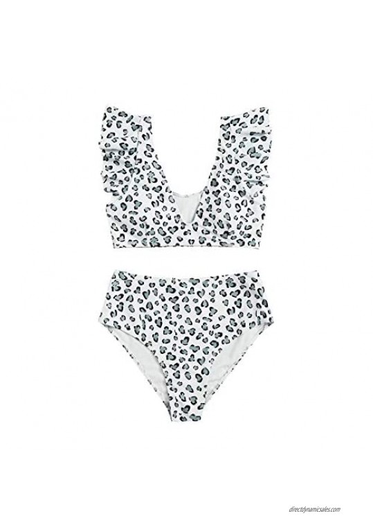Floerns Women's Leopard Bathing Suit Ruffle High Waist Bikini 2 Piece V Neck Swimsuit