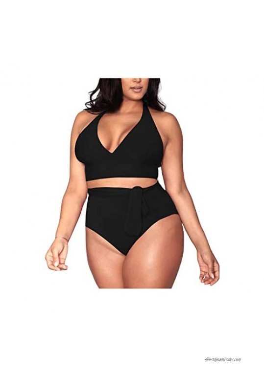 FUPHINE Womens Plus Size Swimsuit High Waisted Bikini Tummy Control Halter Swimwear Bathing Suit for Beach