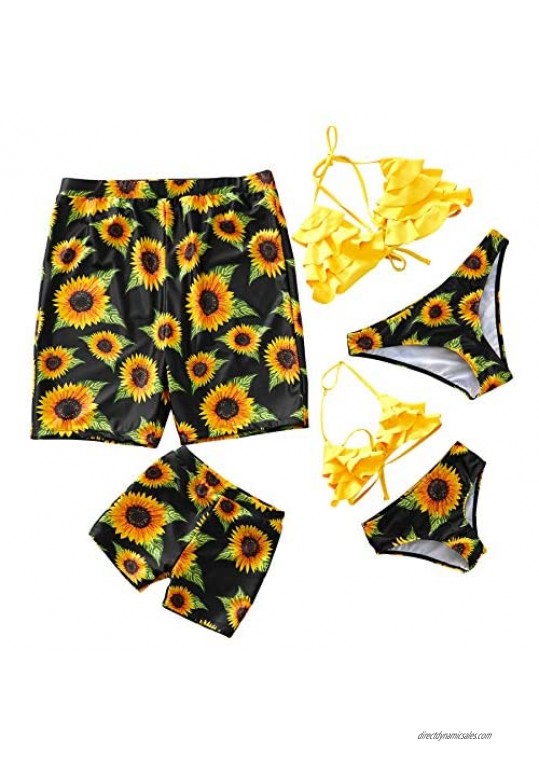 IFFEI Family Matching Swimwear Two Pieces Bikini Set Sunflower Printed Mommy and Me Bathing Suits