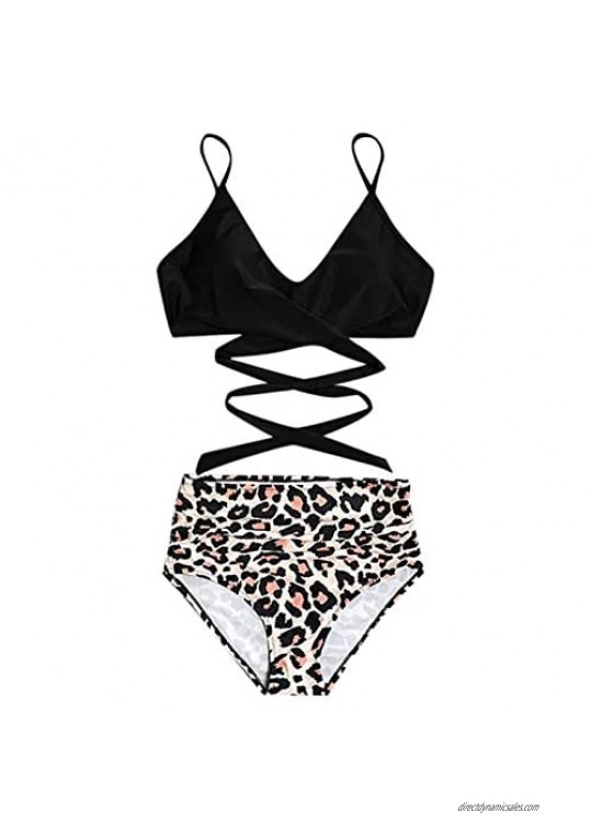 Kaipiclos Women Swimsuits Two Piece Bathing Suit Top and High Waisted Leopard Shorts Bottom Bikini Set