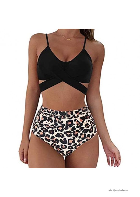 Kaipiclos Women Swimsuits Two Piece Bathing Suit Top and High Waisted Leopard Shorts Bottom Bikini Set
