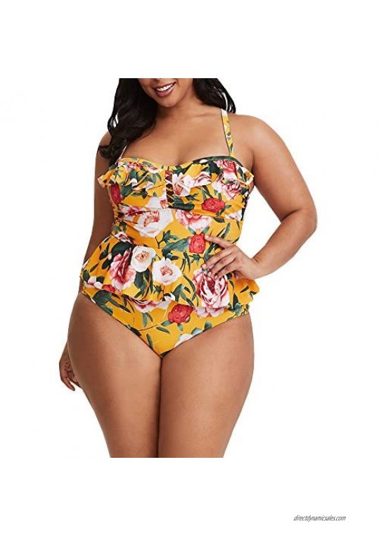 Misassy Womens Plus Size Swimwear Floral Print Ruffle Peplum 2 Piece Swimsuits Straps Backless Bikini Bathing Suits