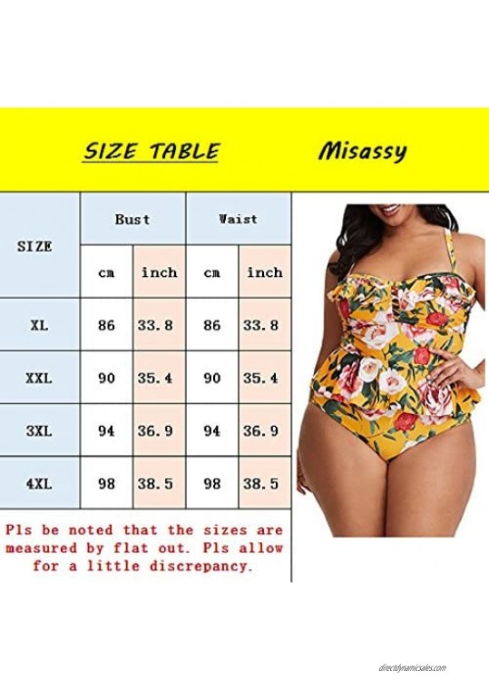 Misassy Womens Plus Size Swimwear Floral Print Ruffle Peplum 2 Piece Swimsuits Straps Backless Bikini Bathing Suits