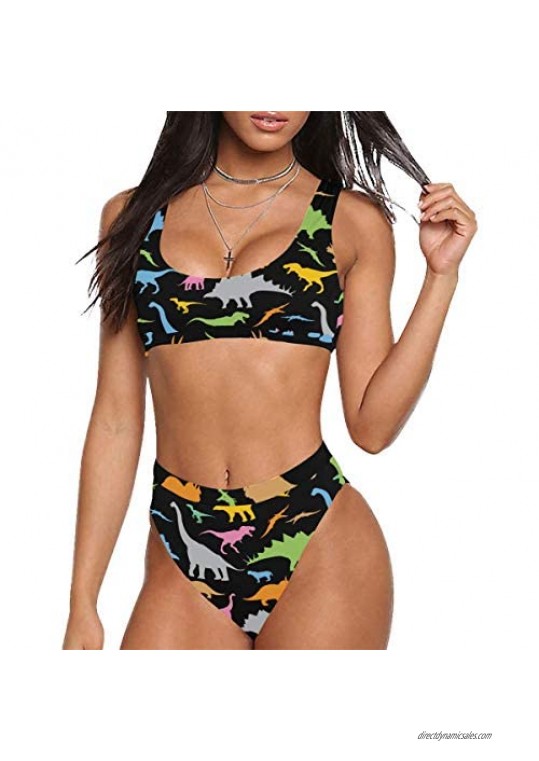 PrelerDIY Bikinis for Women Sporty Swimsuits 2 Piece High Waisted Tummy Control - Dinosaur S11