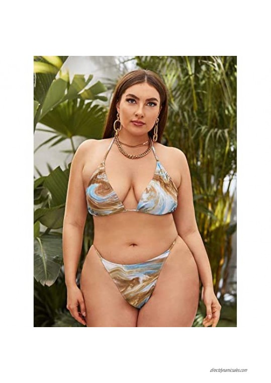 Romwe Women's Plus Size Bikini Set Mesh Drawstring Halter 3 Pieces Swimsuit Bathing Suits