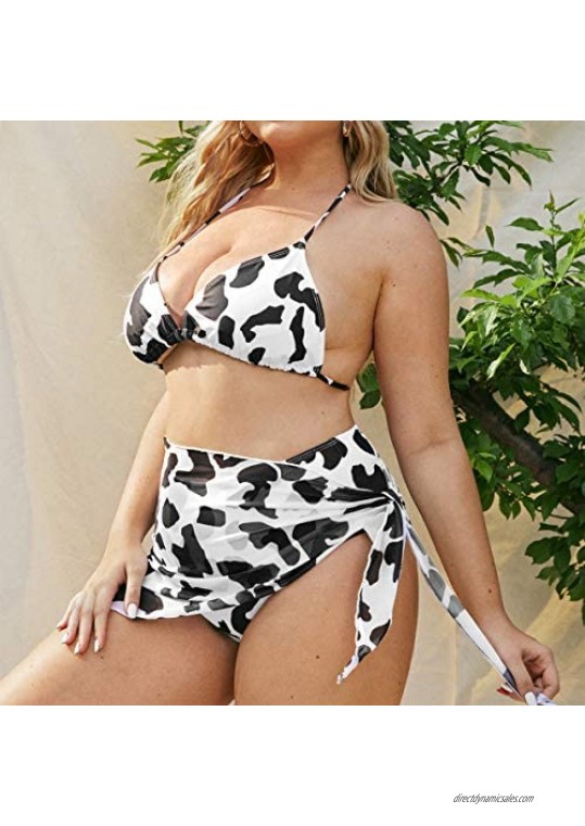 Romwe Women's Plus Size Cow Print Striangle High Waist Halter Bikini Swimsuit with Beach Skirts