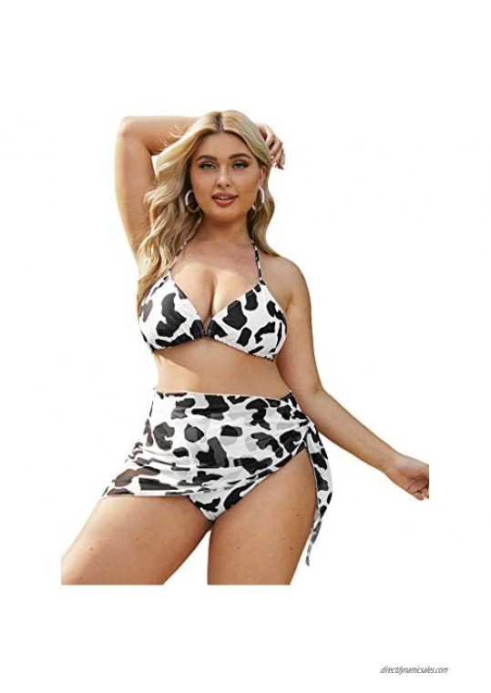 Romwe Women's Plus Size Cow Print Striangle High Waist Halter Bikini Swimsuit with Beach Skirts