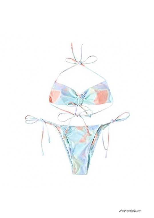 SheIn Women's 2 Pieces Tie Dye Drawstring Halter Bikini Swimsuit Tie Side Panty Bathing Suit