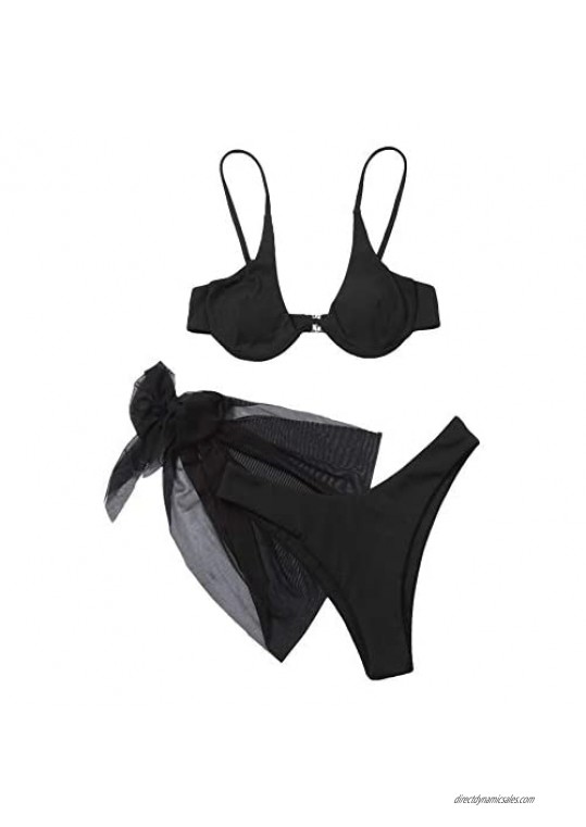 SheIn Women's 3packs Leopard High Cut Underwire Bikini Swimsuit with Beach Skirt