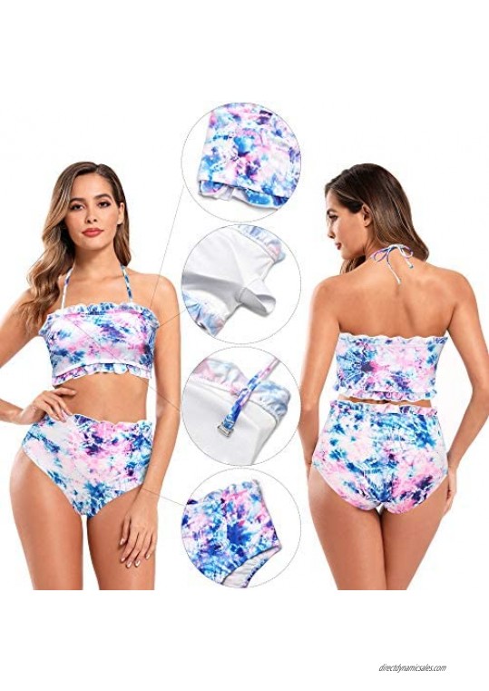 SHEKINI Women's Ruffle Trim Bandeau Tube Strapless Bikini Sets Floral Print Two Piece Bathing Suits