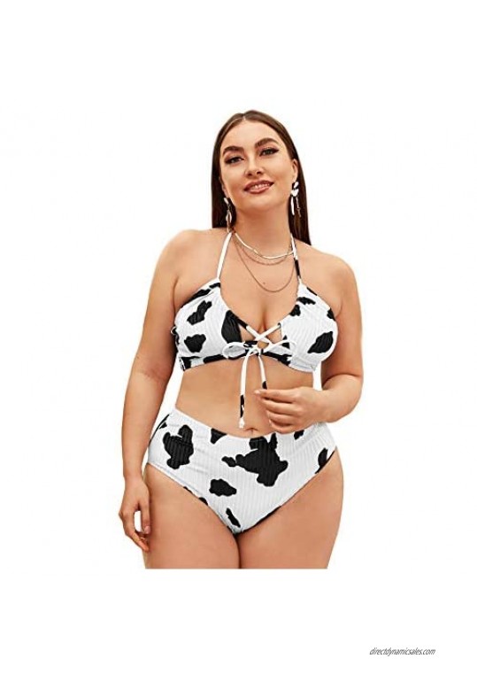 SOLY HUX Women's Plus Size Cow Print Halter Lace Up Bikini Bathing Suits 2 Piece Swimsuits