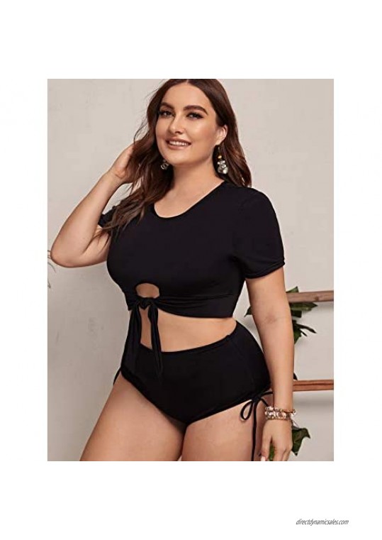 SOLY HUX Women's Plus Size Short Sleeve Tie Knot Front High Waisted Tankini Swimsuits Bathing Suits