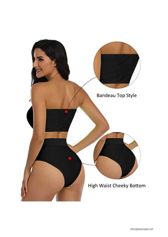 Summer Mae Women Bandeau Bikini Removable Straps Padded High Waist Cheeky Bathing Suit