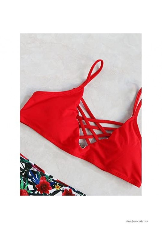 SweatyRocks Women's Bathing Suit Adjustable Spaghetti Strap Floral Print Criss Cross Bikini Set