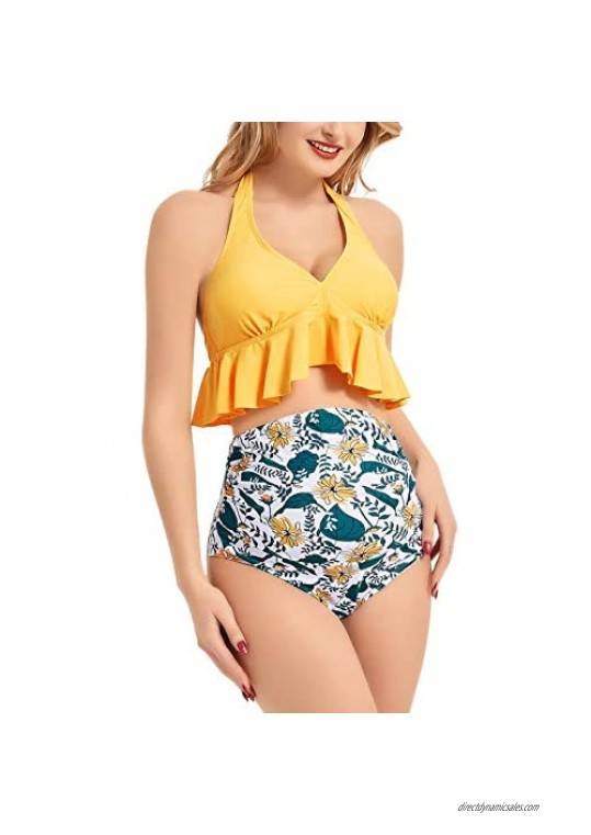 SWEETBUMP Maternity Swimsuit Two Piece Ruffled Top High Waisted Bottoms Vintage Swimwear Bikini Set Bathing Suits