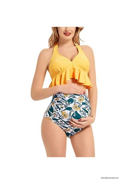 SWEETBUMP Maternity Swimsuit Two Piece Ruffled Top High Waisted Bottoms Vintage Swimwear Bikini Set Bathing Suits