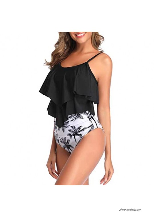 VeMee 2 Layers Bikini Swimsuit for Women High Waisted Bikini Two Piece Tankini Strappy Ruffled Swimsuits Floral Print Bottom