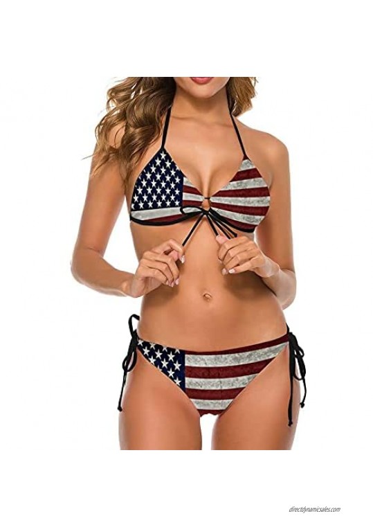 Wocaser American Flag Sexy Swimsuit for Women 2 Piece Halter Top Triangle Bikini Set with Tie Side Bottom Bathing Suits