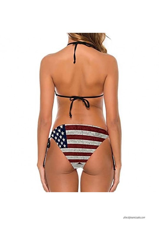 Wocaser American Flag Sexy Swimsuit for Women 2 Piece Halter Top Triangle Bikini Set with Tie Side Bottom Bathing Suits