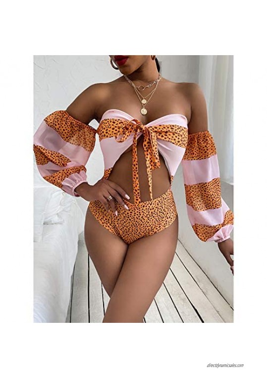 Women Sexy 2 Piece Bikini Set - Off Shoulder Tube Cropped Leopard Print Swimsuit with High Split Cover up