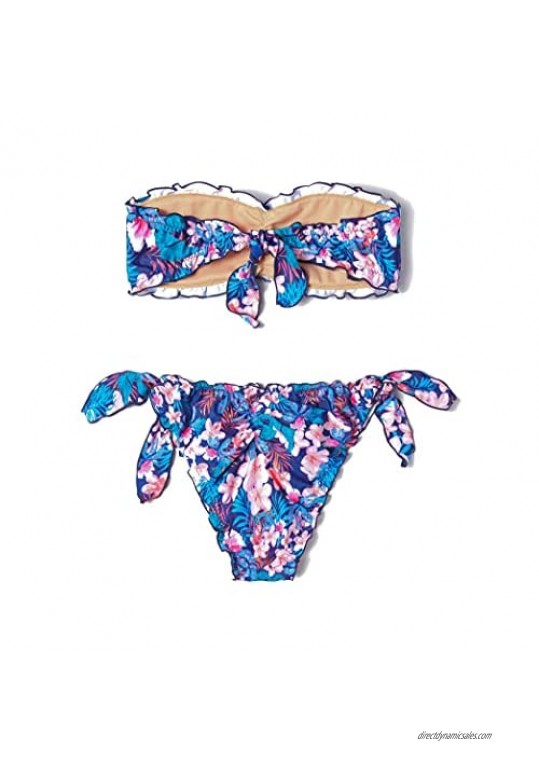 Women Strapless Bandeau Bikini Swimsuit Knot Floral Plaid Ruched Bathing Suit