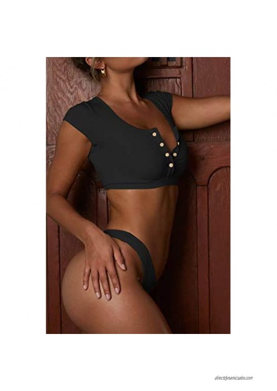 Womens Bathing Suit V Neck Swimsuit T Shirt Swimwear Bikini Set Crop Top Brazilian Thong Bottom