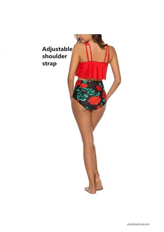 Womens Flounce High Waisted Two Piece Beach Halter Print Bikini Bathing Swimsuits Tummy Controlled