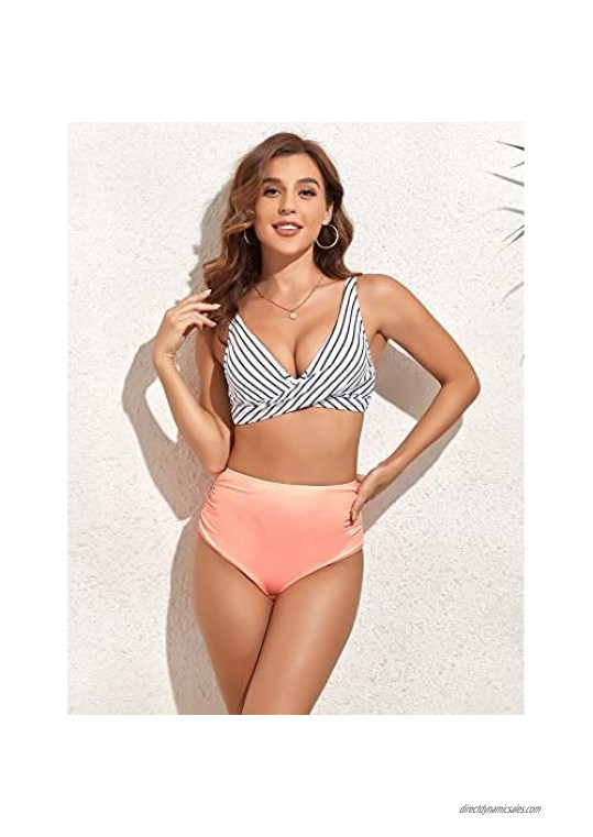 Womens High Waisted Swimsuits Crop Top Push Up Bikini Set Tummy Control Ruched Two Piece Bathing Suits Retro Swimwear