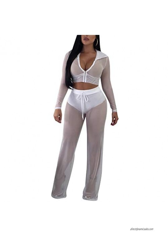 Womens See Though Sheer Mech Hoodies Crop Top Pants Set 2 Piece Outfits Bikini Swimsuit Cover up