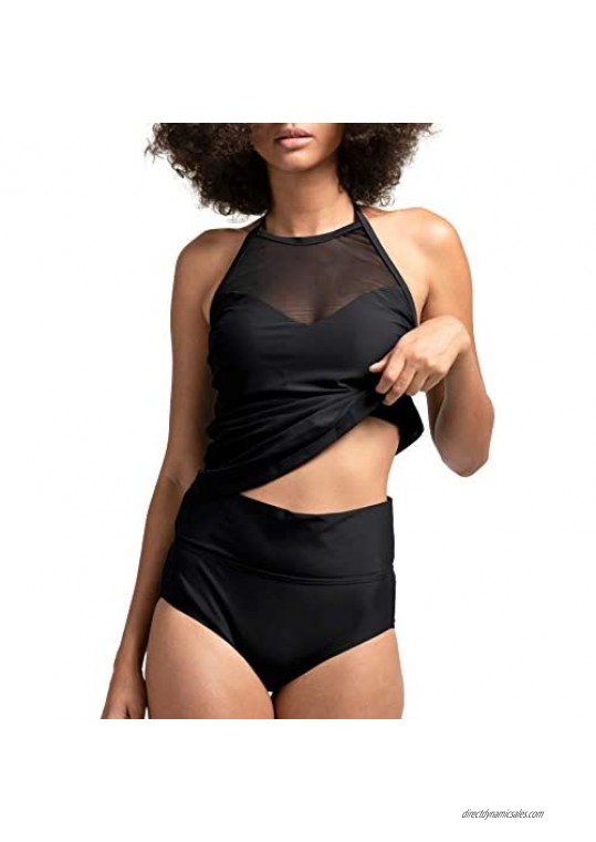 Women’s Tankini Swimsuits High Neck Mesh Bikini Top Halter High Waisted Swimwear Tummy Control Bathing Suits