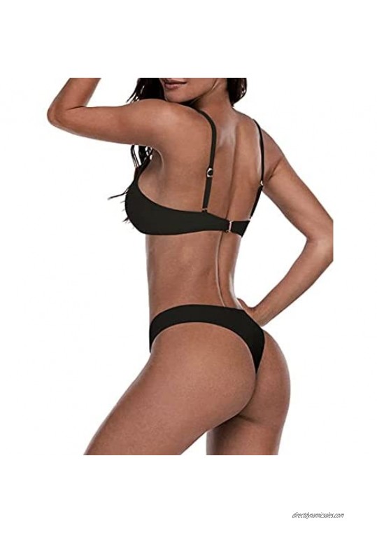 Womens Thong Bikini Swimsuit Two Piece Scoop Neck Padded Push up Brazilian Bikini Sets