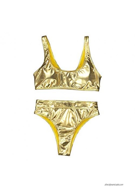 YAUASOPA Sexy Liquid Metallic Glitter Two Piece Push Up Swimsuit Female Shiny Solid High Cut Beachwear