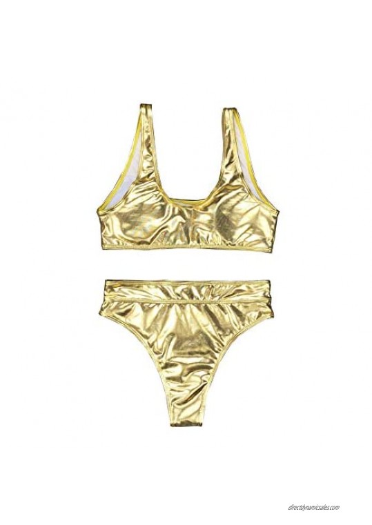 YAUASOPA Sexy Liquid Metallic Glitter Two Piece Push Up Swimsuit Female Shiny Solid High Cut Beachwear