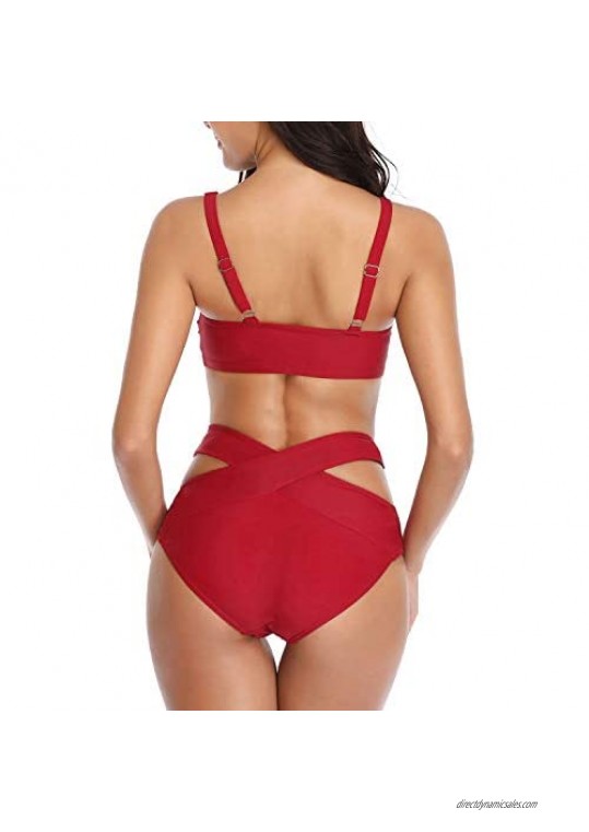 Yonique Womens Bikini Swimsuits High Waisted Two Piece Bathing Suits Tie Knot Cutout Swimwear with Criss Cross Bottom