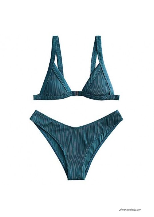 ZAFUL Swimwear Women's Ribbed Front Closure Bikini Set Textured Triangle Adjustable Straps Bathing Suits