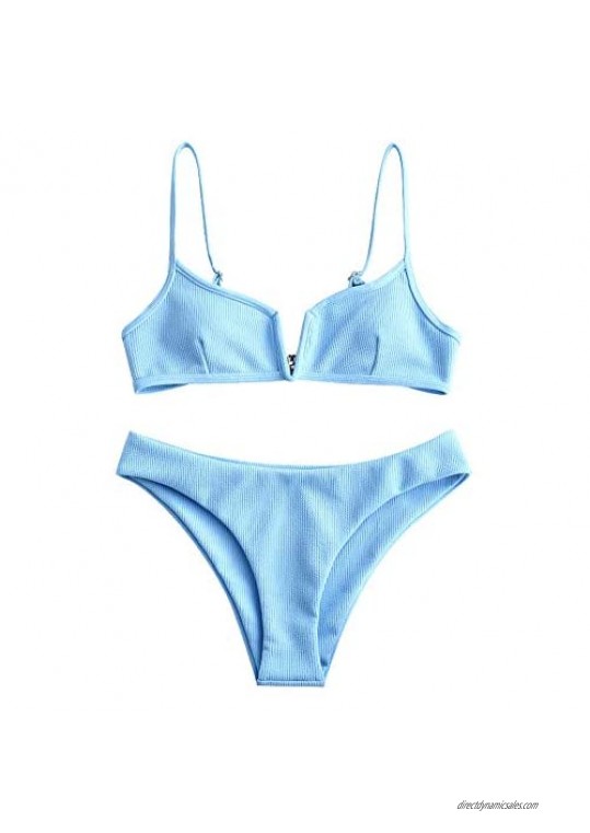 ZAFUL Women Ribbed V Wired Bikini Set Adjustable Straps Bralette Bathing Suit High Cut Swimsuit