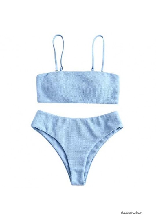 ZAFUL Women's Bandeau Bikini Set Removable Straps Bathing Suit Textured High Cut Two Piece Swimsuits