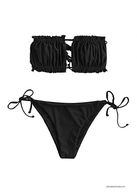ZAFUL Women's Cutout Bandeau Bikini Set SexyString Tie Pleated High Cut Bathing Suit