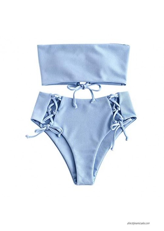 ZAFUL Women's Dinosaur Lace Up Bandeau Strapless Bikini Two-Pieces Swimwear