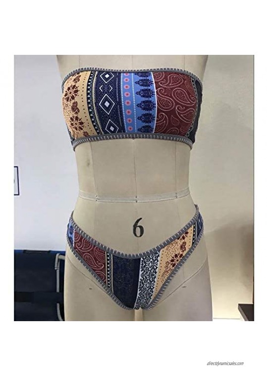 ZAFUL Women's Ethnic Floral Print Lace-Up Bandeau Bikini Set Two Piece Swimsuit
