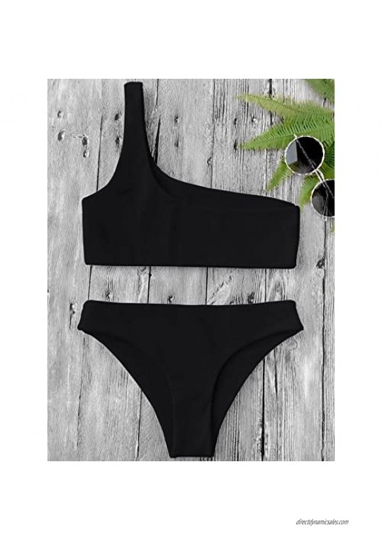 ZAFUL Women’s Two-Piece Asymmetric One Shoulder Bikini Set Textured Ribbed Push-up Bathing Suit