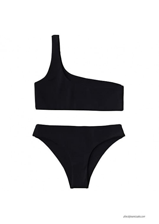 ZAFUL Women’s Two-Piece Asymmetric One Shoulder Bikini Set Textured Ribbed Push-up Bathing Suit
