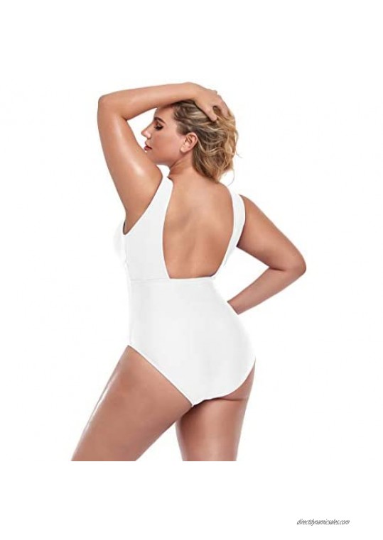 Annbon Women's Plus Size One Piece Swimsuits Sexy Plunge V Neck Backless Bathing Suit Monokini Swimwear