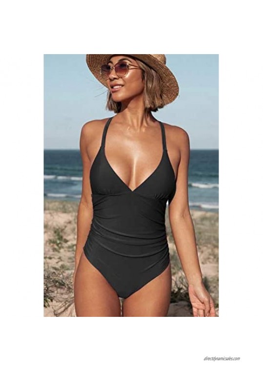 Beachsissi Women One Piece Swimsuits Solid Color Ruched Design Criss Cross Back Swimsuits