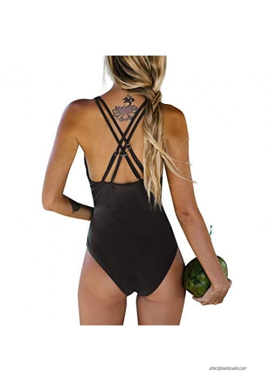 Byoauo One Piece Swimsuits for Women V Neck Cross Halter Swimwear Ruched Tummy Control Bathing Suits